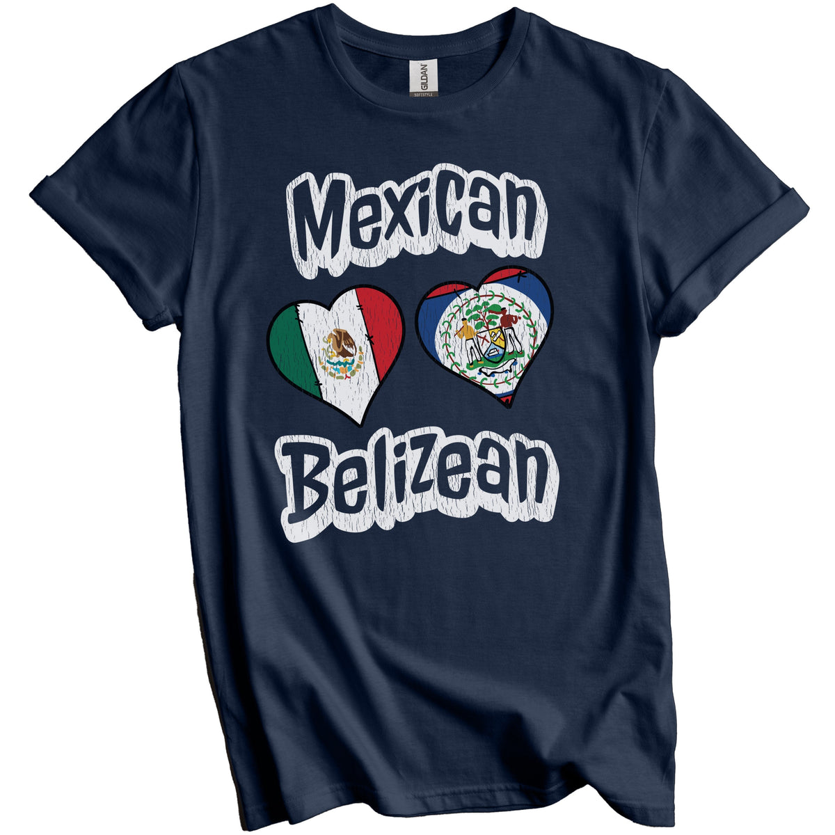 Mexican Belizean Flag Heart Combo Mexico Belize Distressed T-Shirt