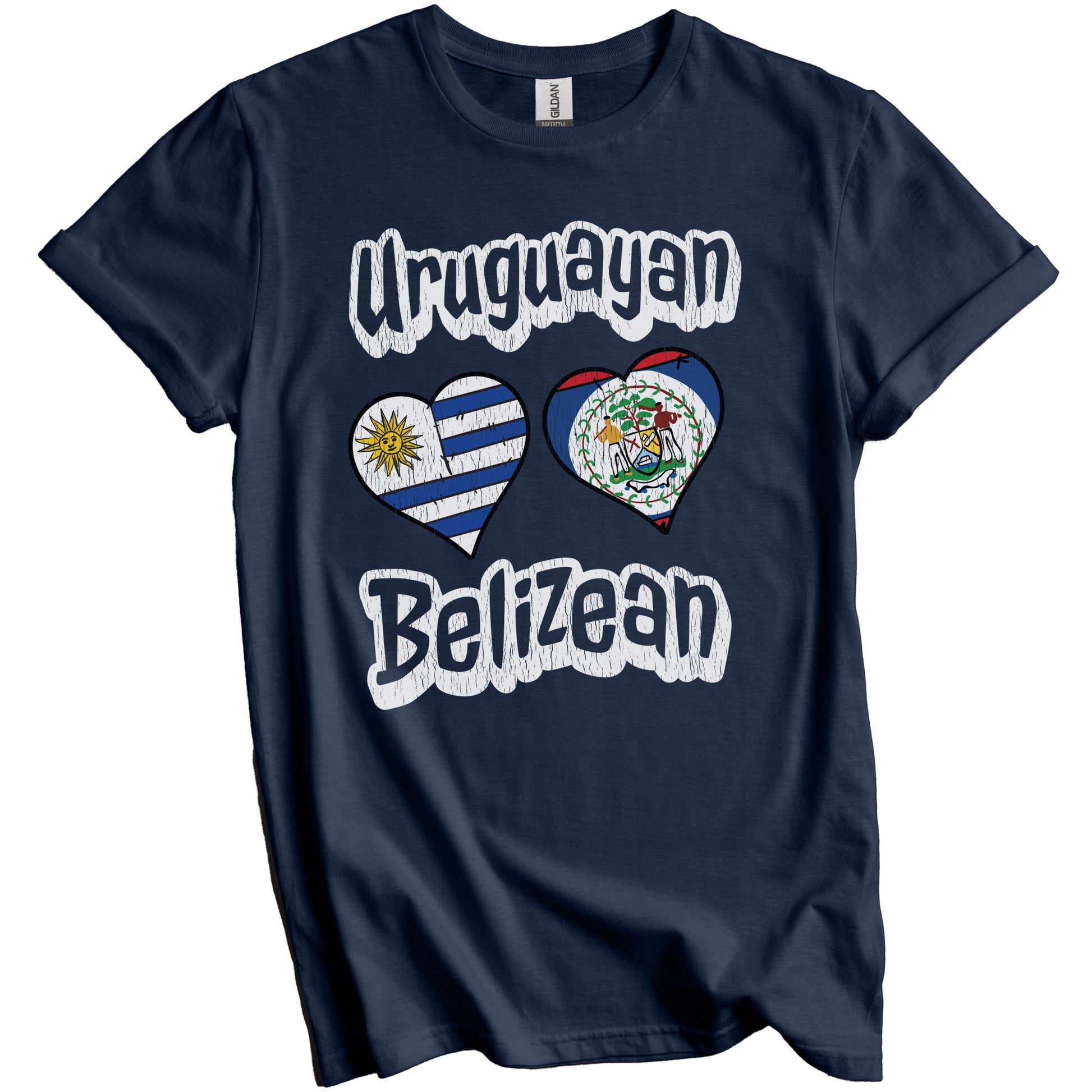 Uruguayan Belizean Flag Heart Combo Uruguay Belize Distressed T-Shirt