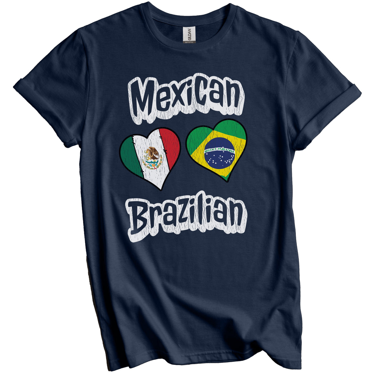 Mexican Brazilian Flag Heart Combo Mexico Brazil Distressed T-Shirt