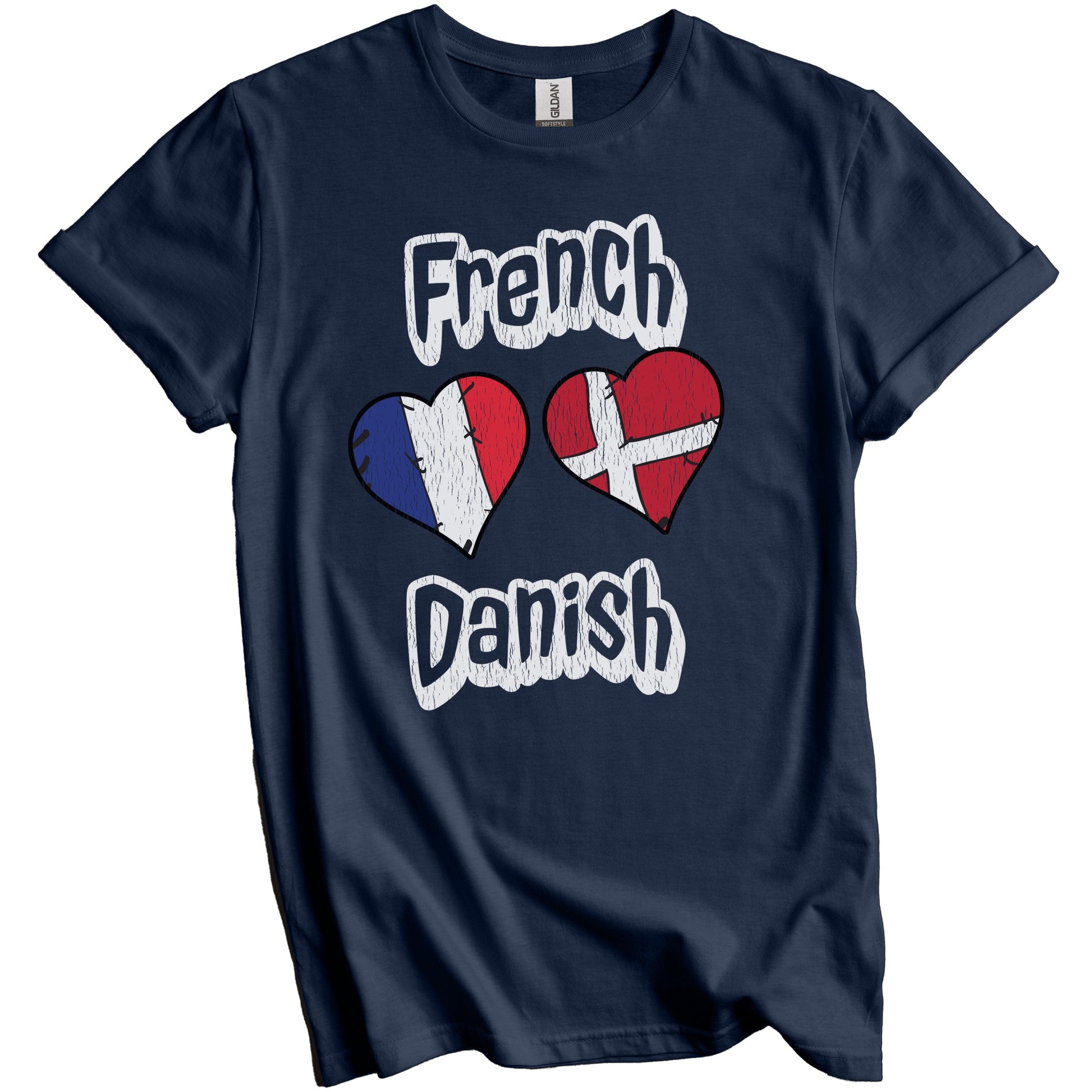 French Danish Flag Heart Combo France Denmark Distressed T-Shirt