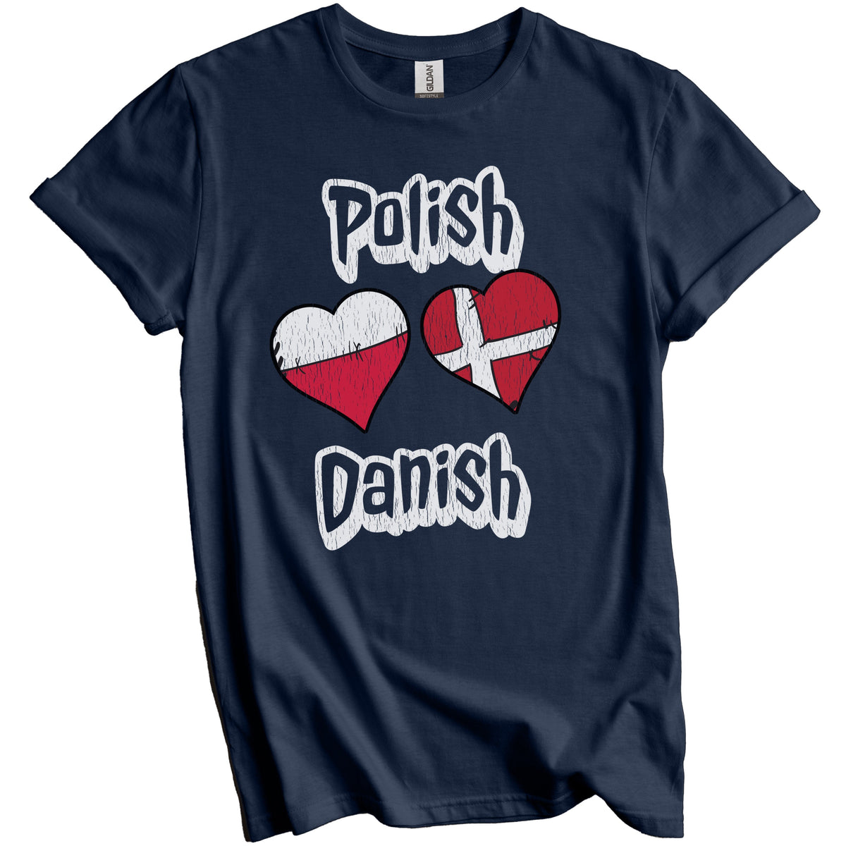 Polish Danish Flag Heart Combo Poland Denmark Distressed T-Shirt