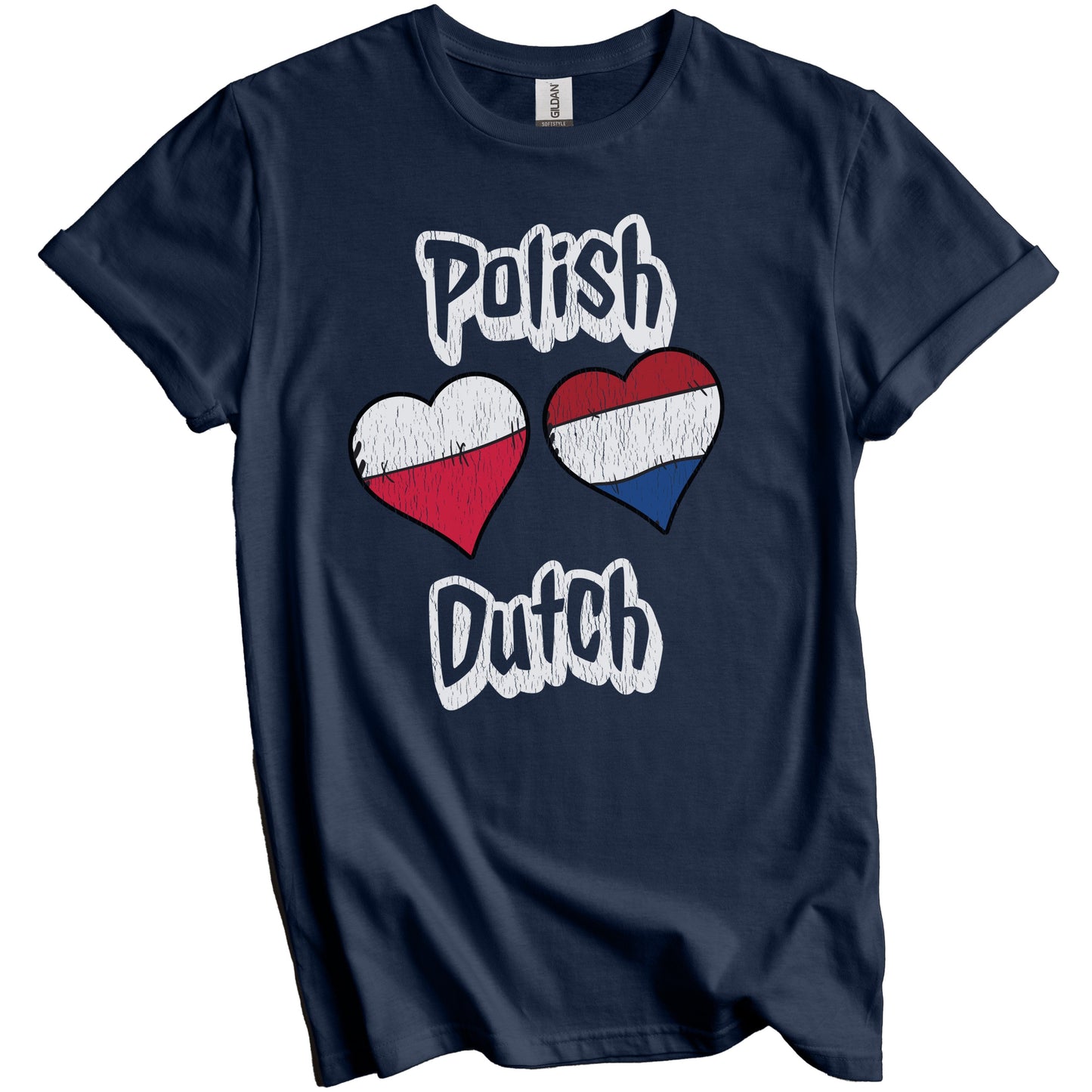 Polish Dutch Flag Heart Combo Poland Netherlands Distressed T-Shirt