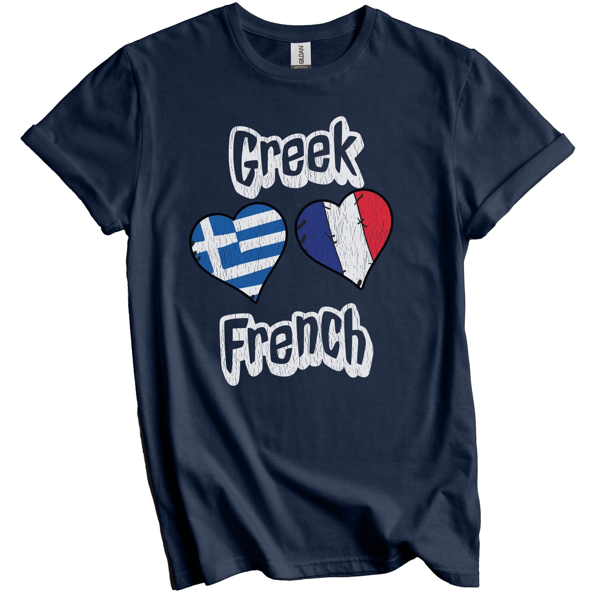 Greek French Flag Heart Combo Greece France Distressed T-Shirt