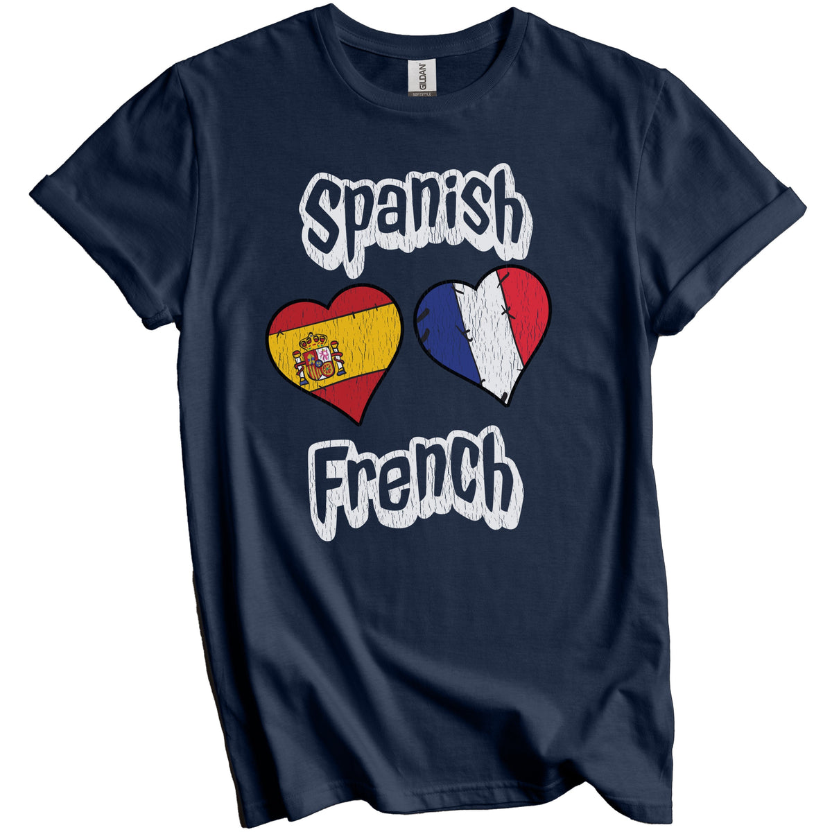 Spanish French Flag Heart Combo Spain France Distressed T-Shirt