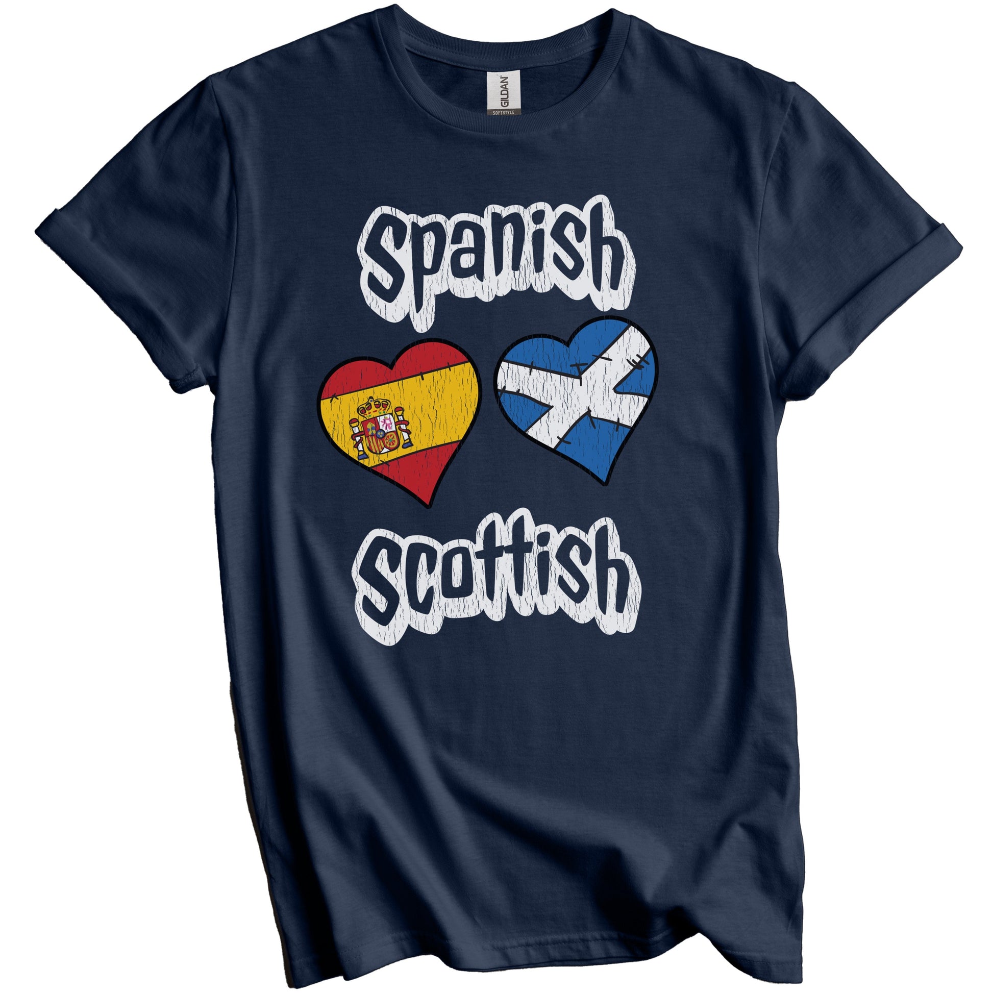 Spanish Scottish Flag Heart Combo Spain Scotland Distressed T-Shirt