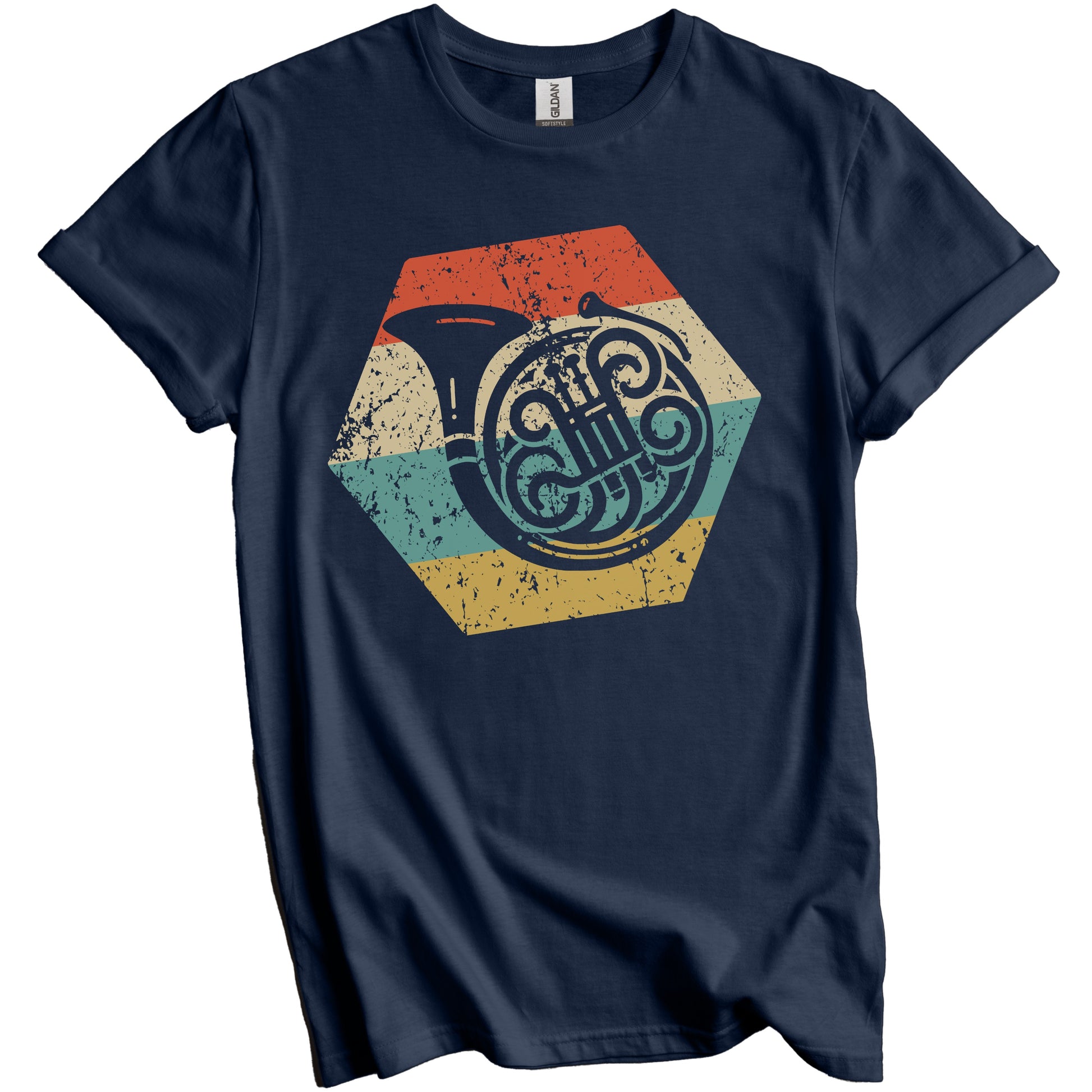 French Horn Retro Distressed Hexagon Musical Instrument T-Shirt