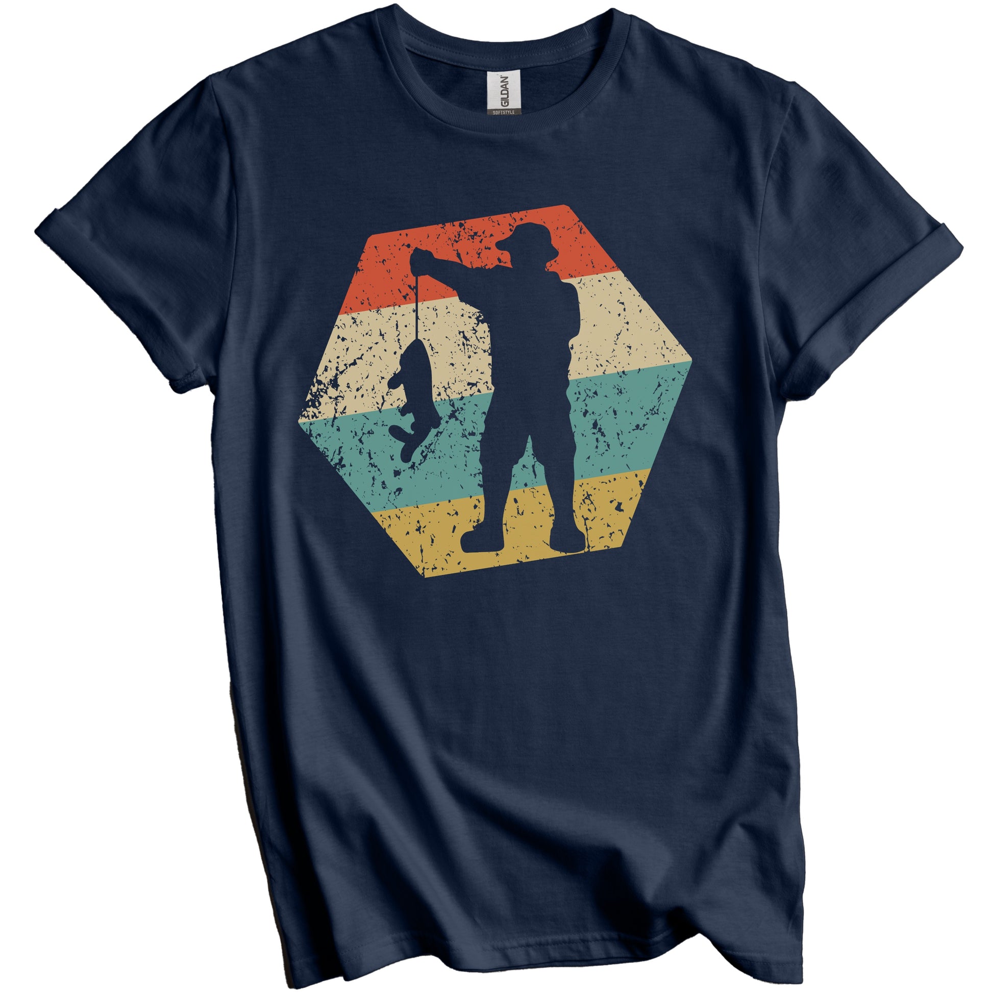 Fisherman Retro Distressed Hexagon Fishing T-Shirt