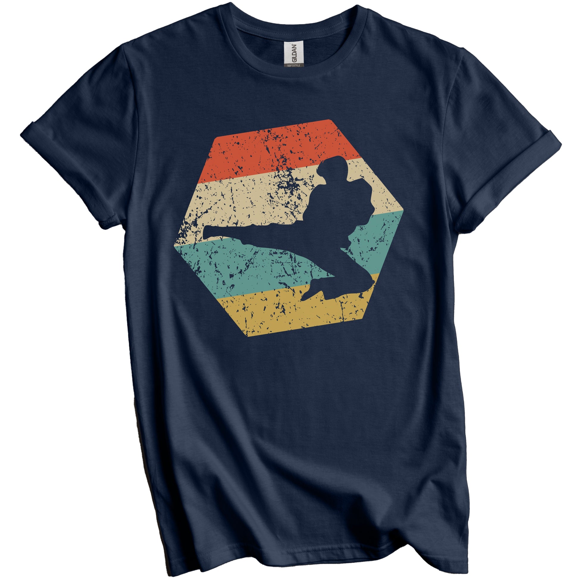Martial Arts Retro Distressed Hexagon Karate Jump Kick T-Shirt