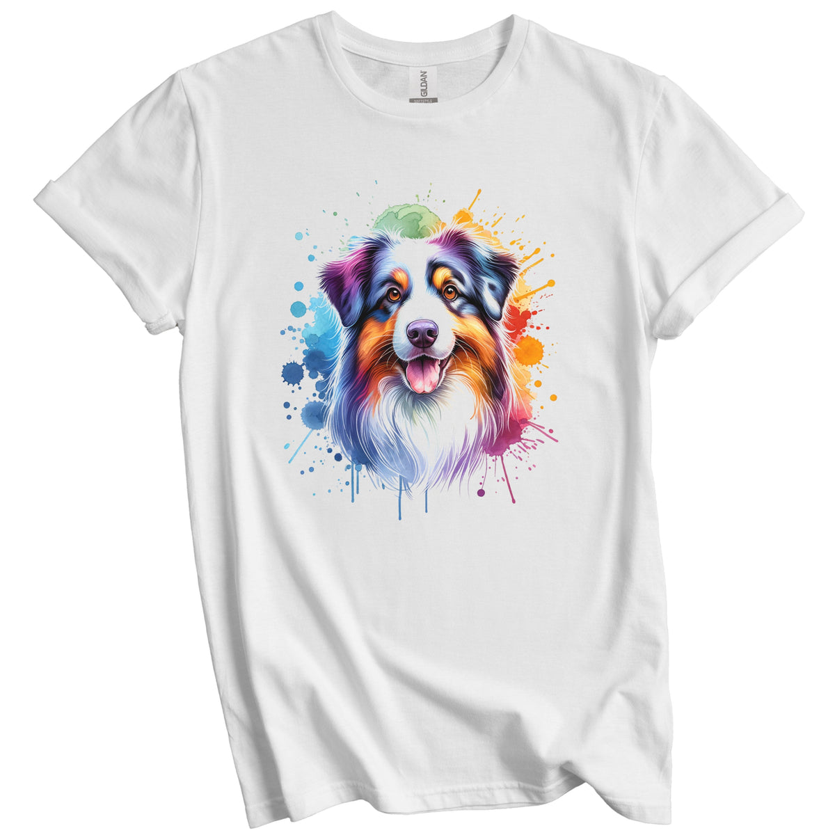 Australian Shepherd Rainbow Watercolor Portrait Dog Lover T-Shirt - Australian Shepherd Gift