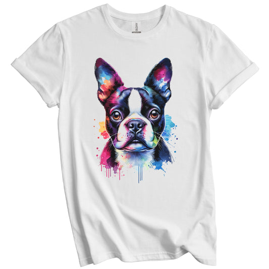 Boston Terrier Rainbow Watercolor Portrait Dog Lover T-Shirt - Boston Terrier Gift