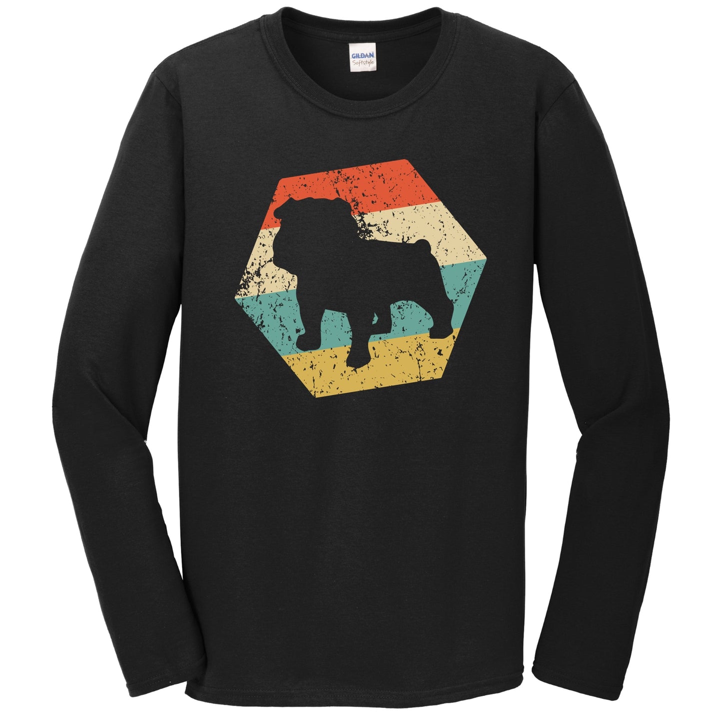 English Bulldog Dog Breed Retro Distressed Hexagon Long Sleeve T-Shirt