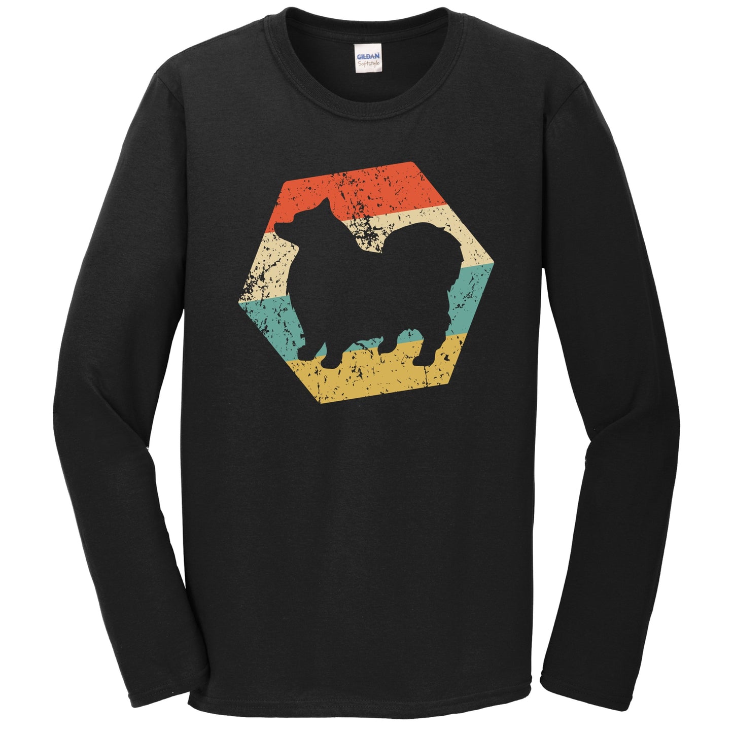 Keeshond Dog Breed Retro Distressed Hexagon Long Sleeve T-Shirt