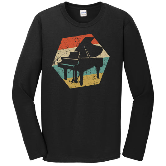 Baby Grand Piano Retro Distressed Hexagon Pianist Long Sleeve T-Shirt