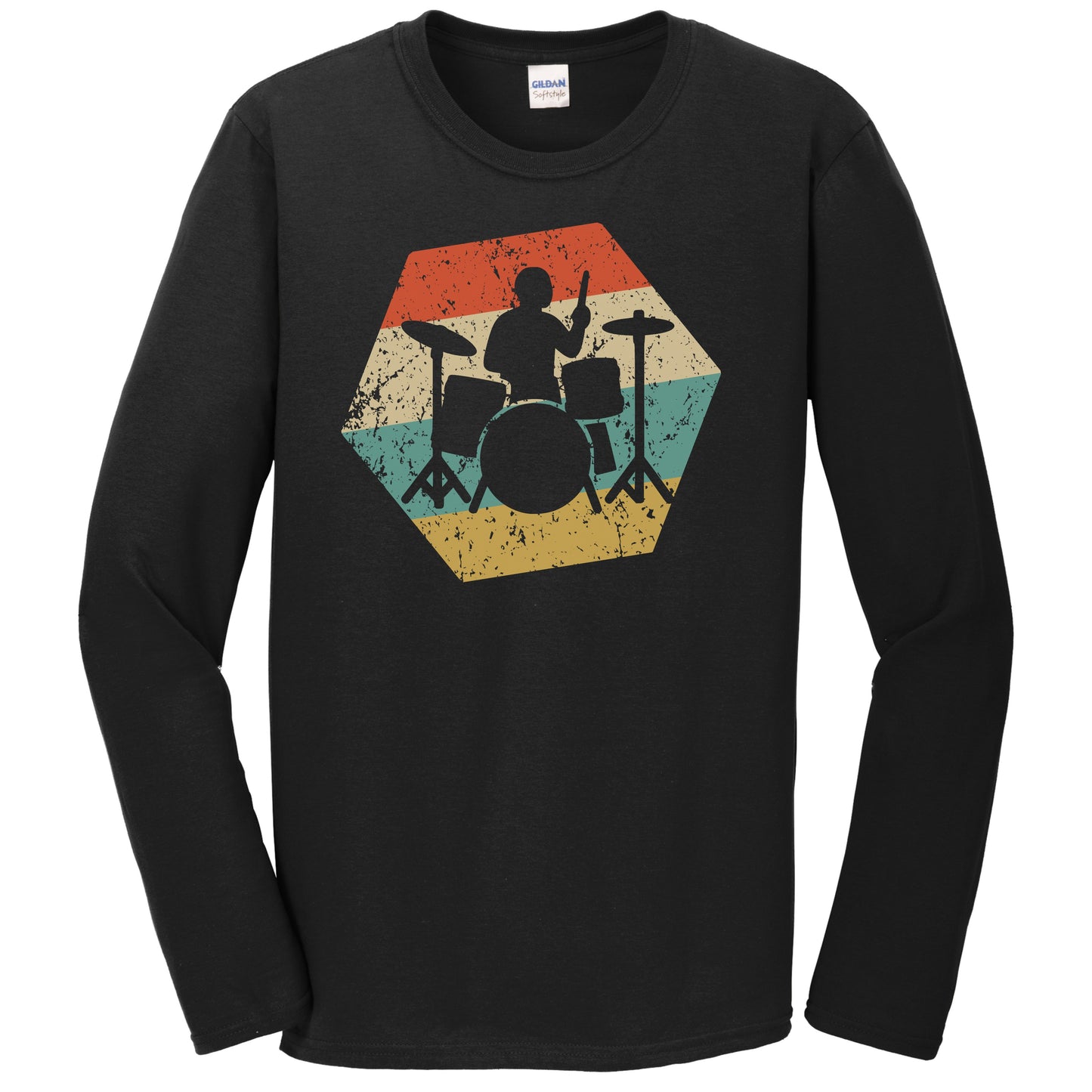 Drummer Retro Distressed Hexagon Drum Set Long Sleeve T-Shirt