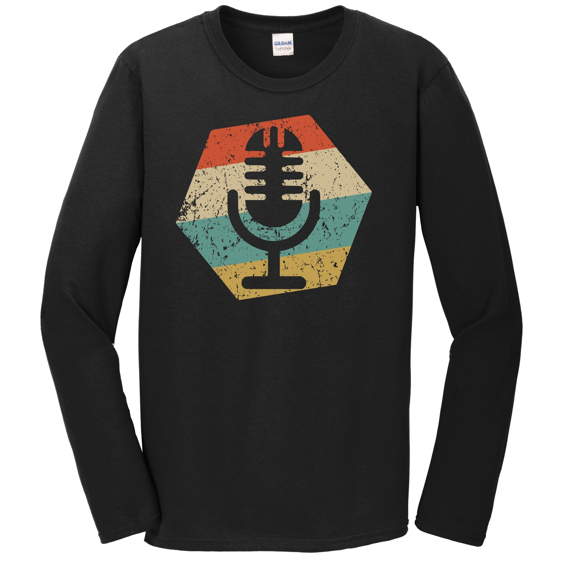 Microphone Retro Distressed Hexagon Podcast Host Long Sleeve T-Shirt