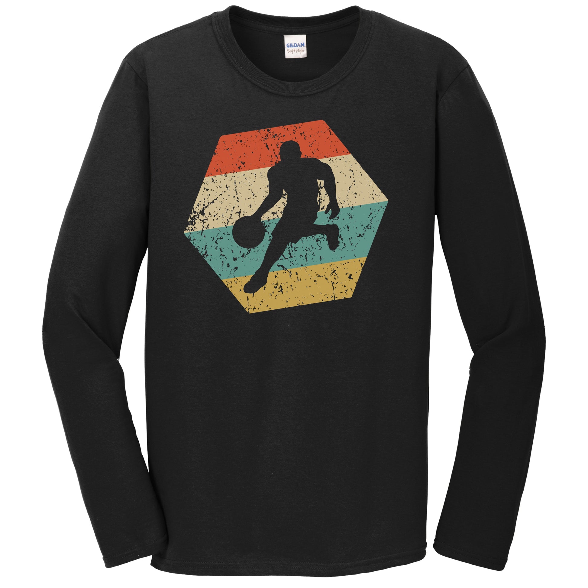 Basketball Player Retro Distressed Hexagon Dribble Long Sleeve T-Shirt