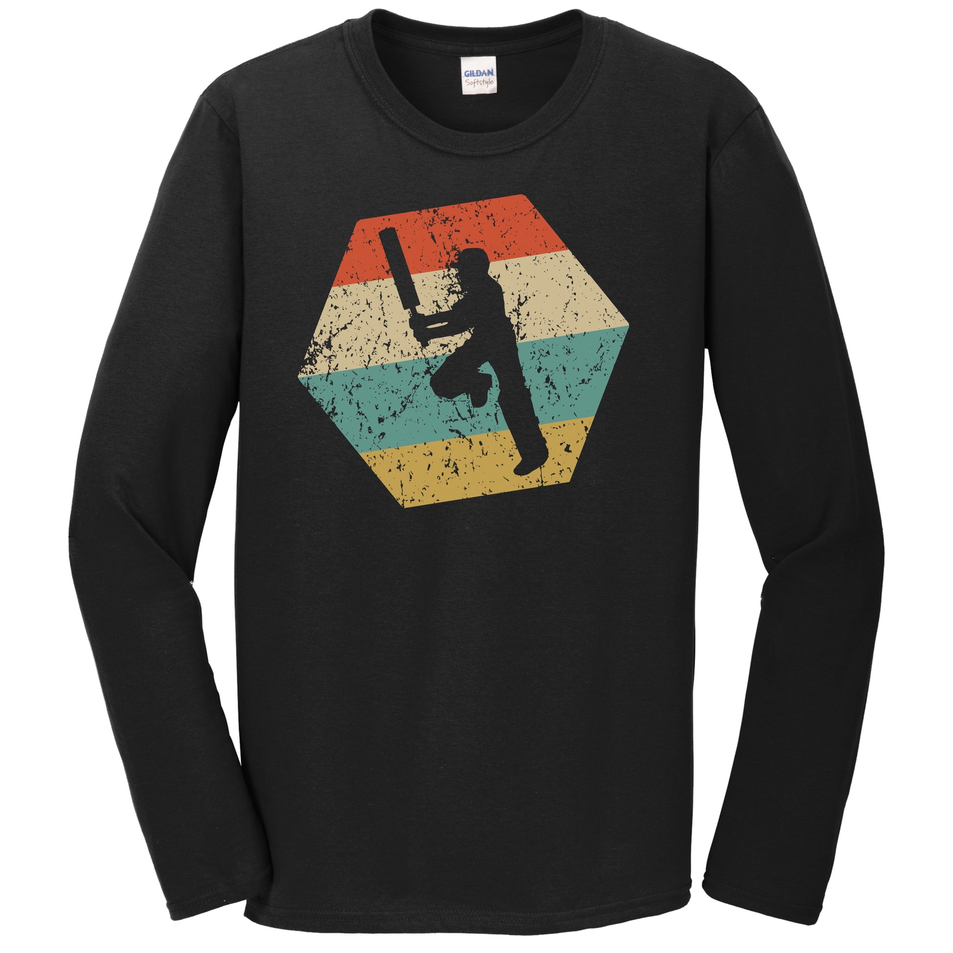 Cricket Player Retro Distressed Hexagon Cricket Batter Long Sleeve T-Shirt