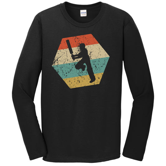 Cricket Player Retro Distressed Hexagon Cricket Batter Long Sleeve T-Shirt