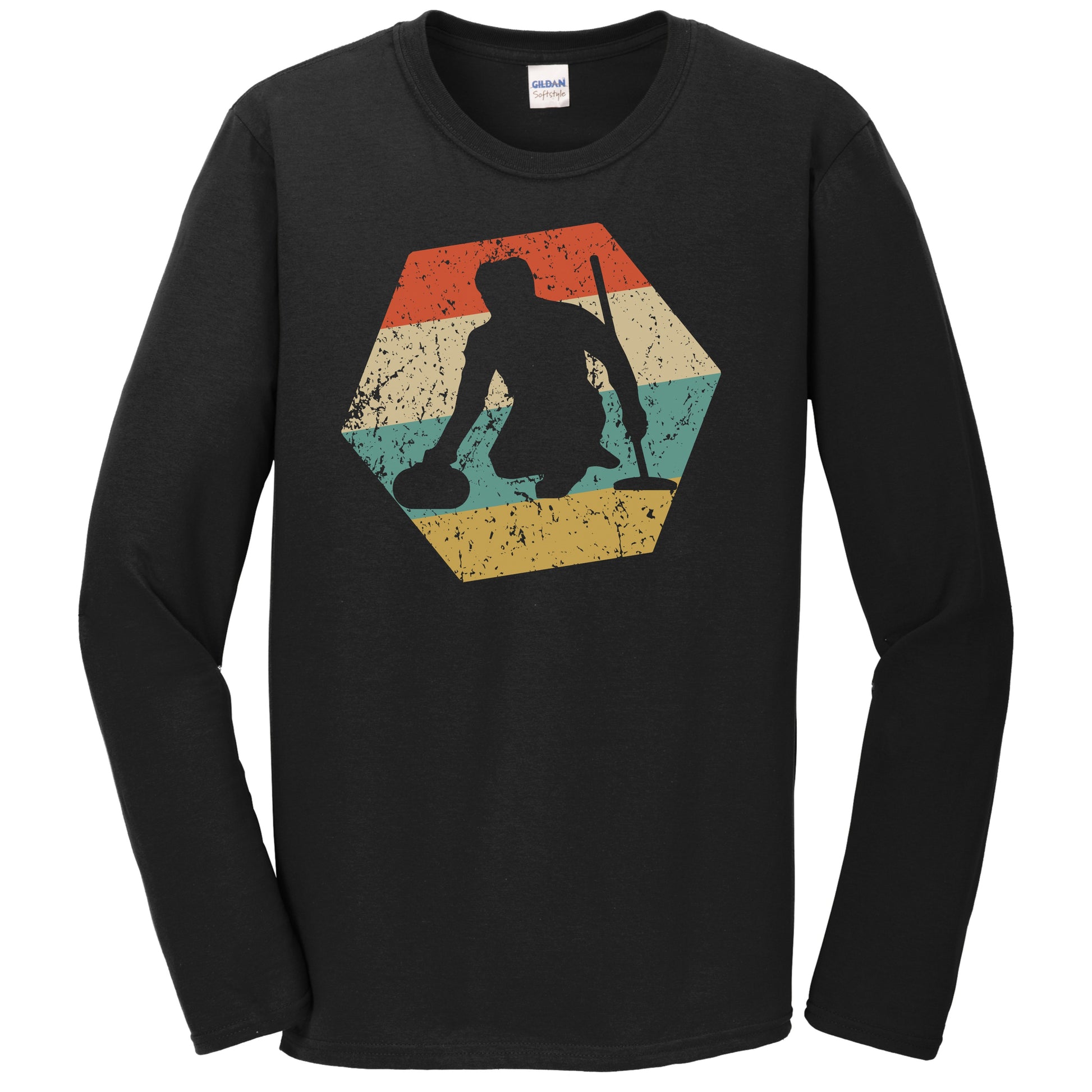 Curling Retro Distressed Hexagon Curler Long Sleeve T-Shirt