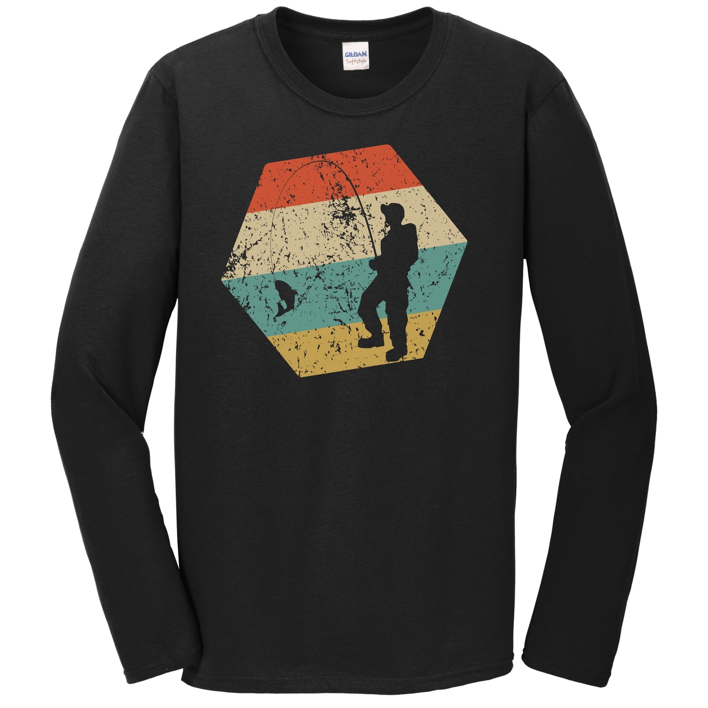 Fishing Retro Distressed Hexagon Fisherman Reeling in Fish Long Sleeve T-Shirt