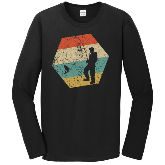 Fishing Retro Distressed Hexagon Fisherman Reeling in Fish Long Sleeve T-Shirt