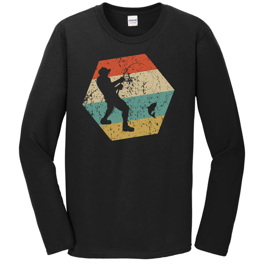 Fishing Retro Distressed Hexagon Fisherman Catching a Fish Long Sleeve T-Shirt