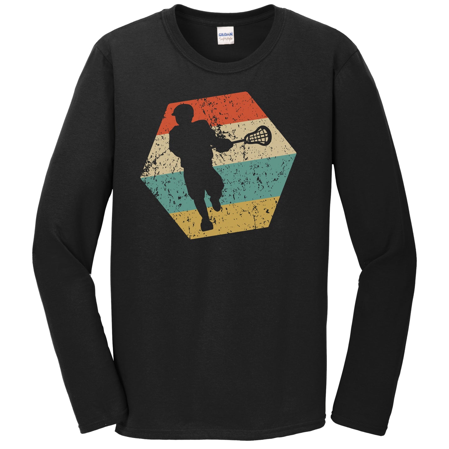 Lacrosse Retro Distressed Hexagon Lacrosse Player Long Sleeve T-Shirt