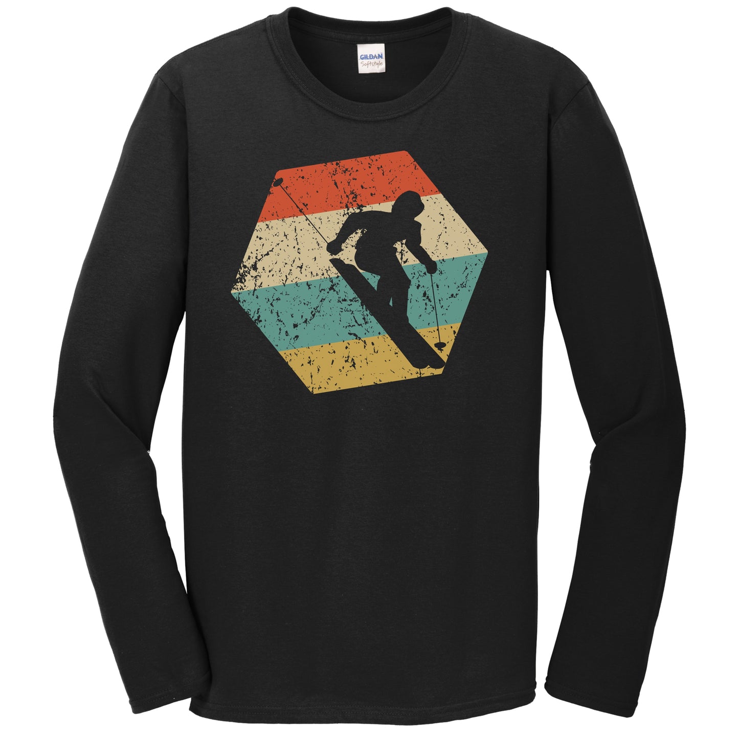 Skiing Retro Distressed Hexagon Skier Long Sleeve T-Shirt