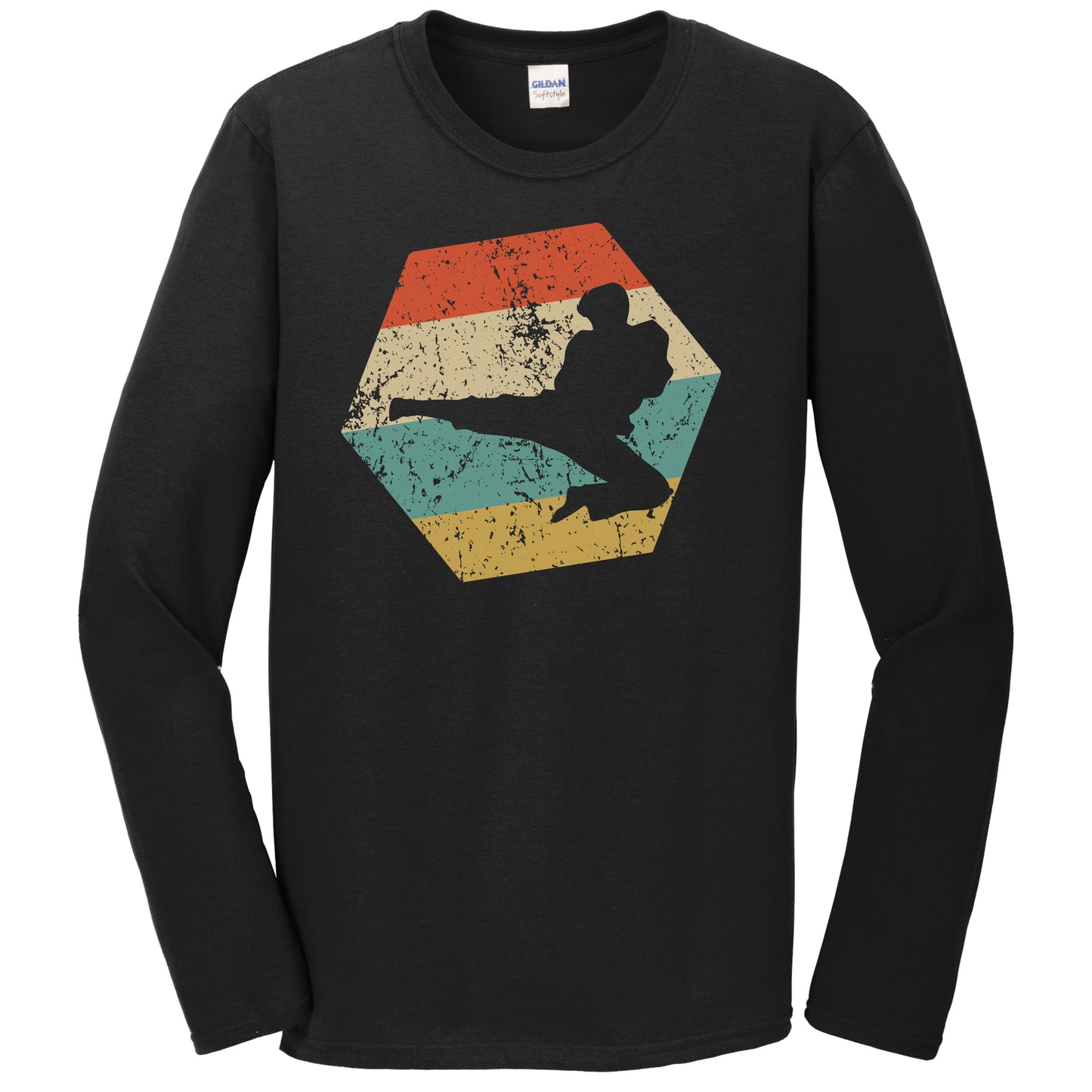 Martial Arts Retro Distressed Hexagon Karate Jump Kick Long Sleeve T-Shirt