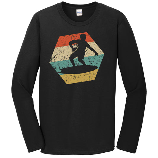 Surfer Retro Distressed Hexagon Surfing Long Sleeve T-Shirt