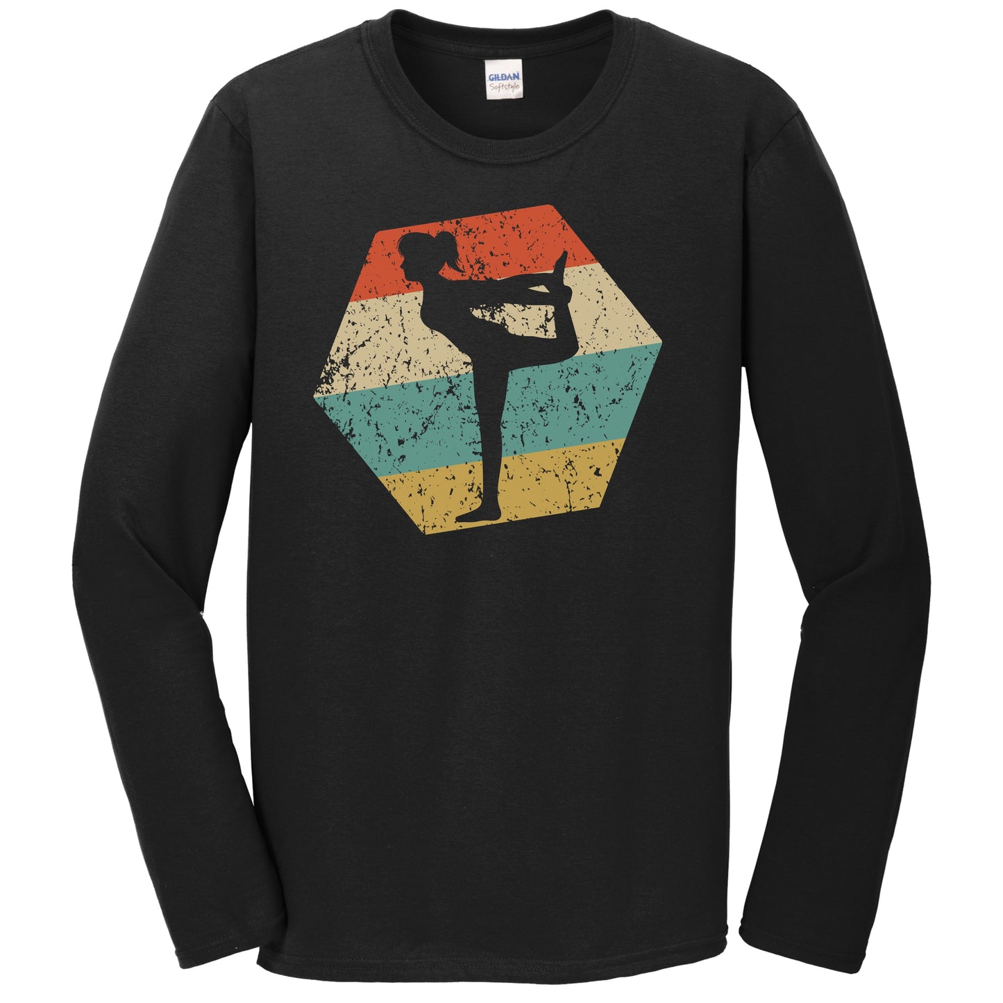 Yoga Retro Distressed Hexagon Yoga Pose Long Sleeve T-Shirt