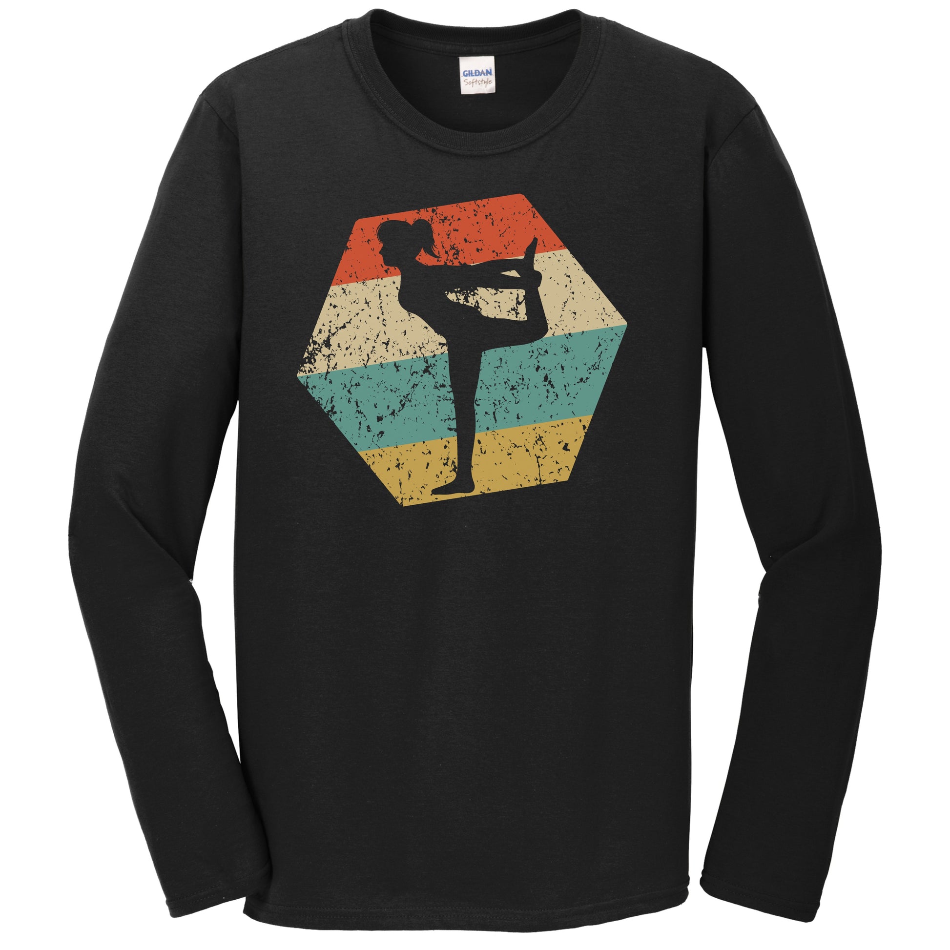 Yoga Retro Distressed Hexagon Yoga Pose Long Sleeve T-Shirt