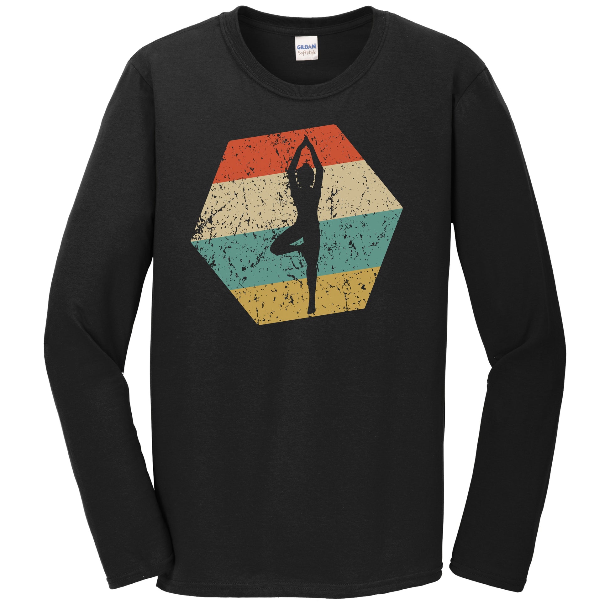 Yoga Retro Distressed Hexagon Yoga Pose Long Sleeve T-Shirt