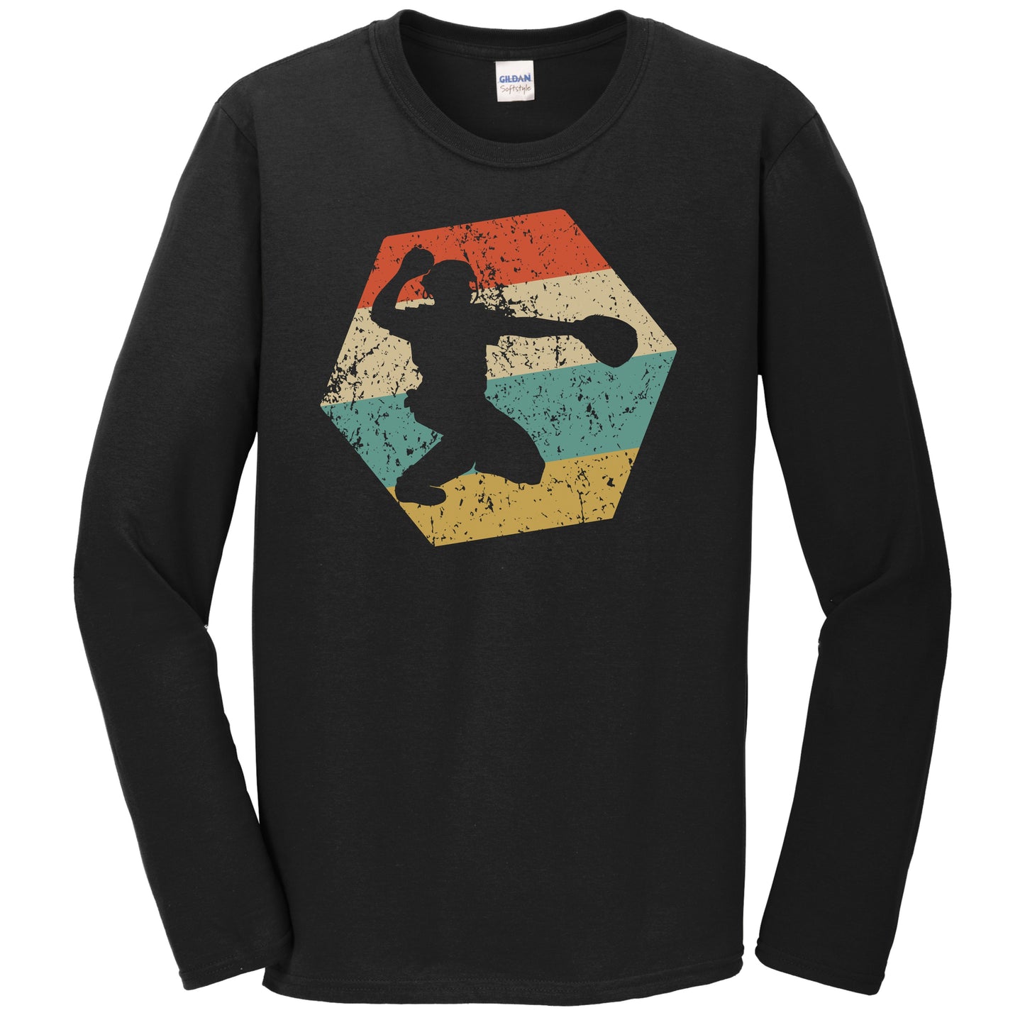 Catcher Retro Distressed Hexagon Baseball Long Sleeve T-Shirt
