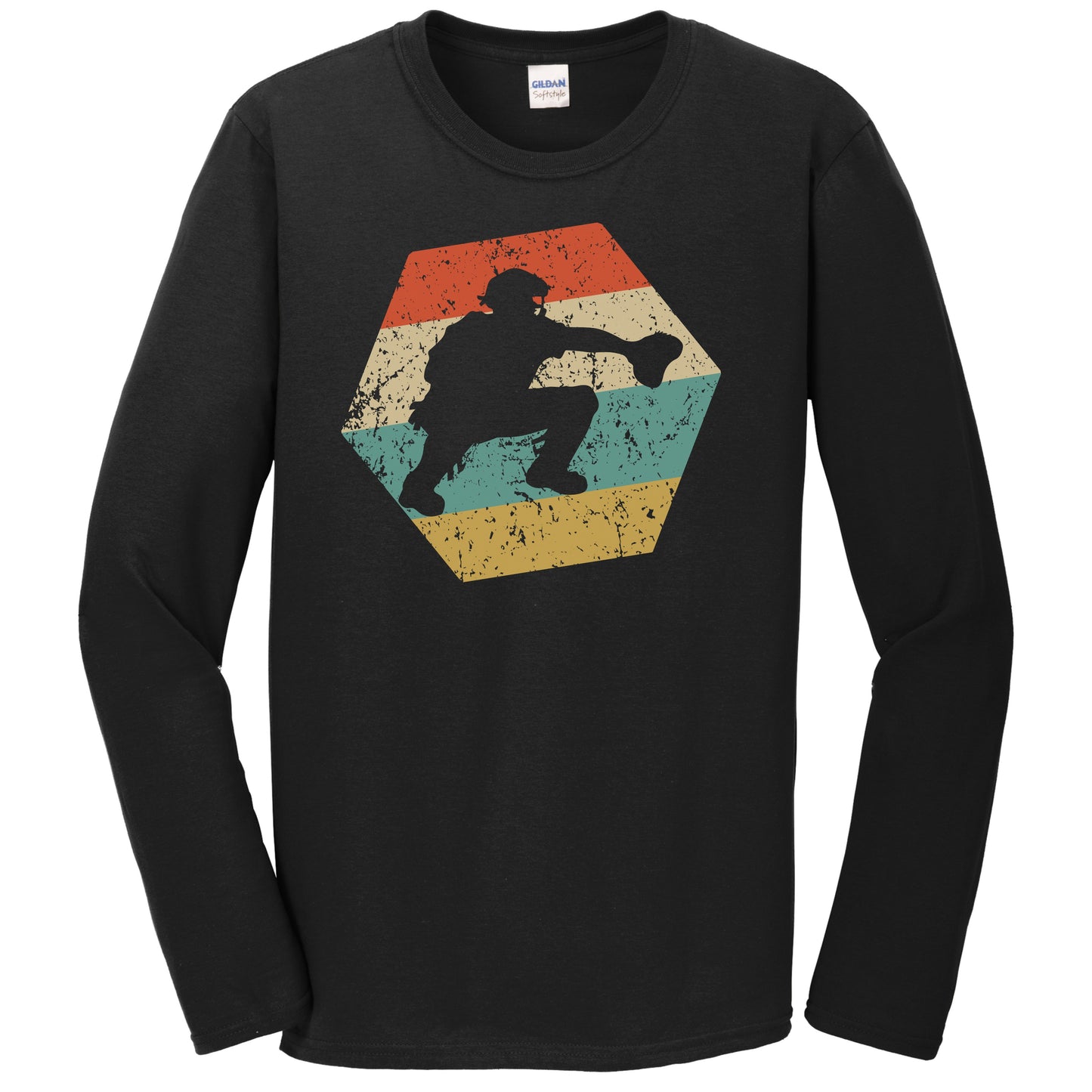 Baseball Player Retro Distressed Hexagon Catcher Long Sleeve T-Shirt
