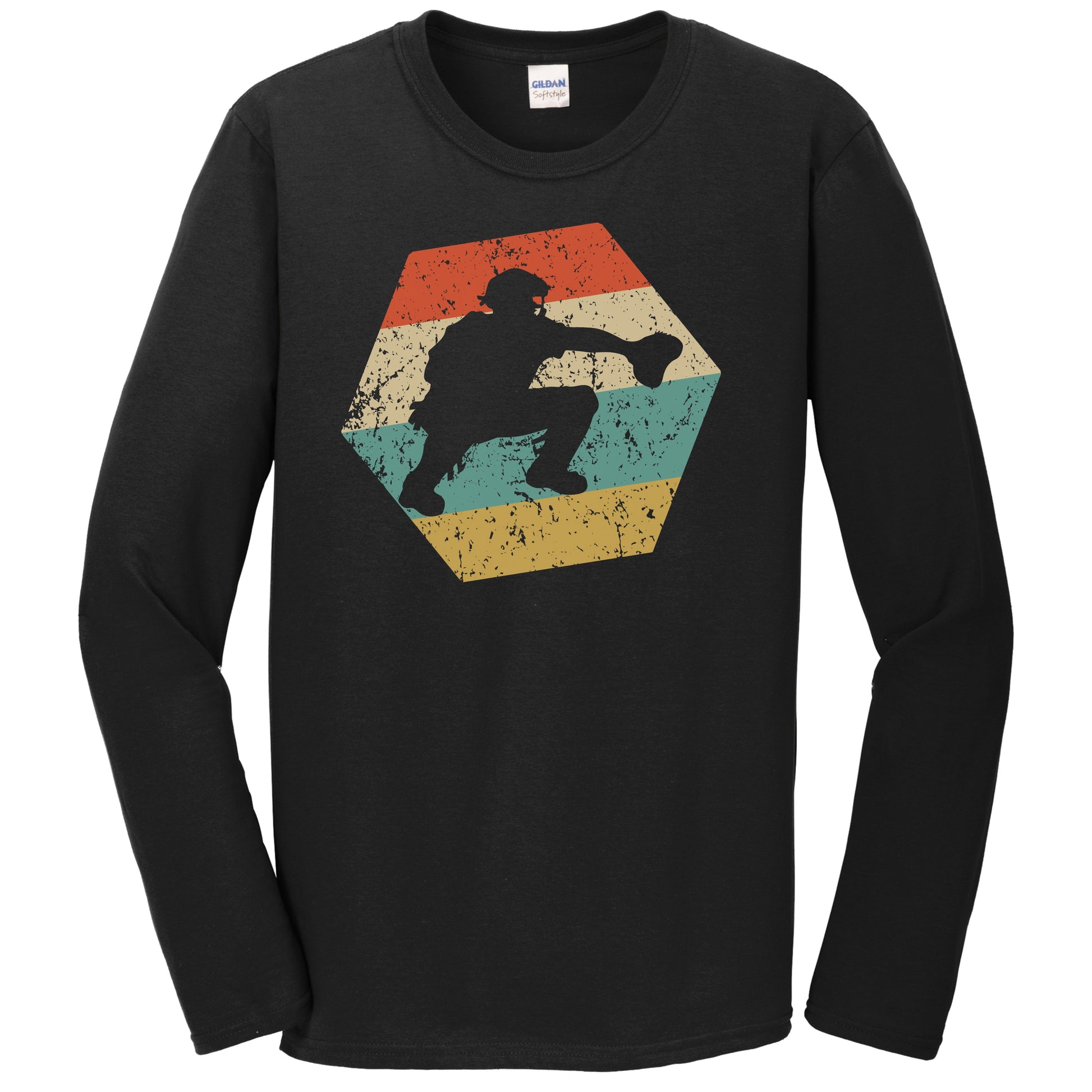 Baseball Player Retro Distressed Hexagon Catcher Long Sleeve T-Shirt