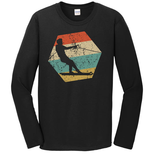 Waterskier Retro Distressed Hexagon Waterskiing Long Sleeve T-Shirt