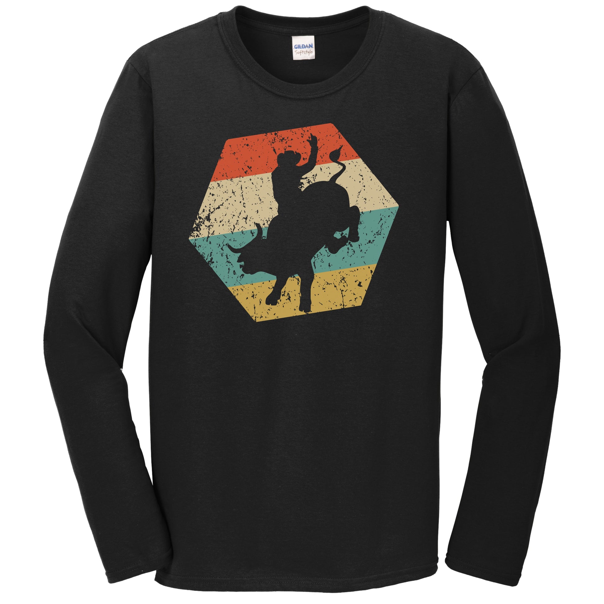 Rodeo Retro Distressed Hexagon Bull Riding Long Sleeve T-Shirt