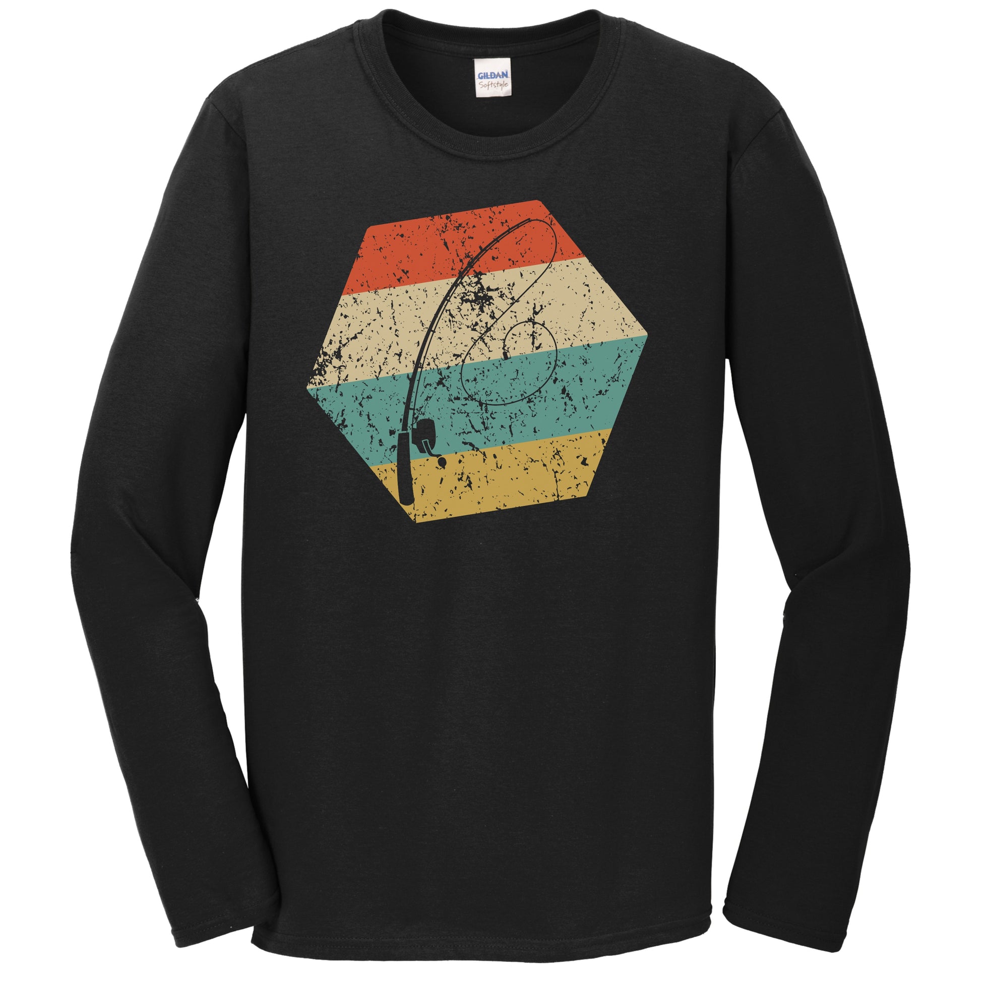 Fishing Pole Retro Distressed Hexagon Fisherman Long Sleeve T-Shirt