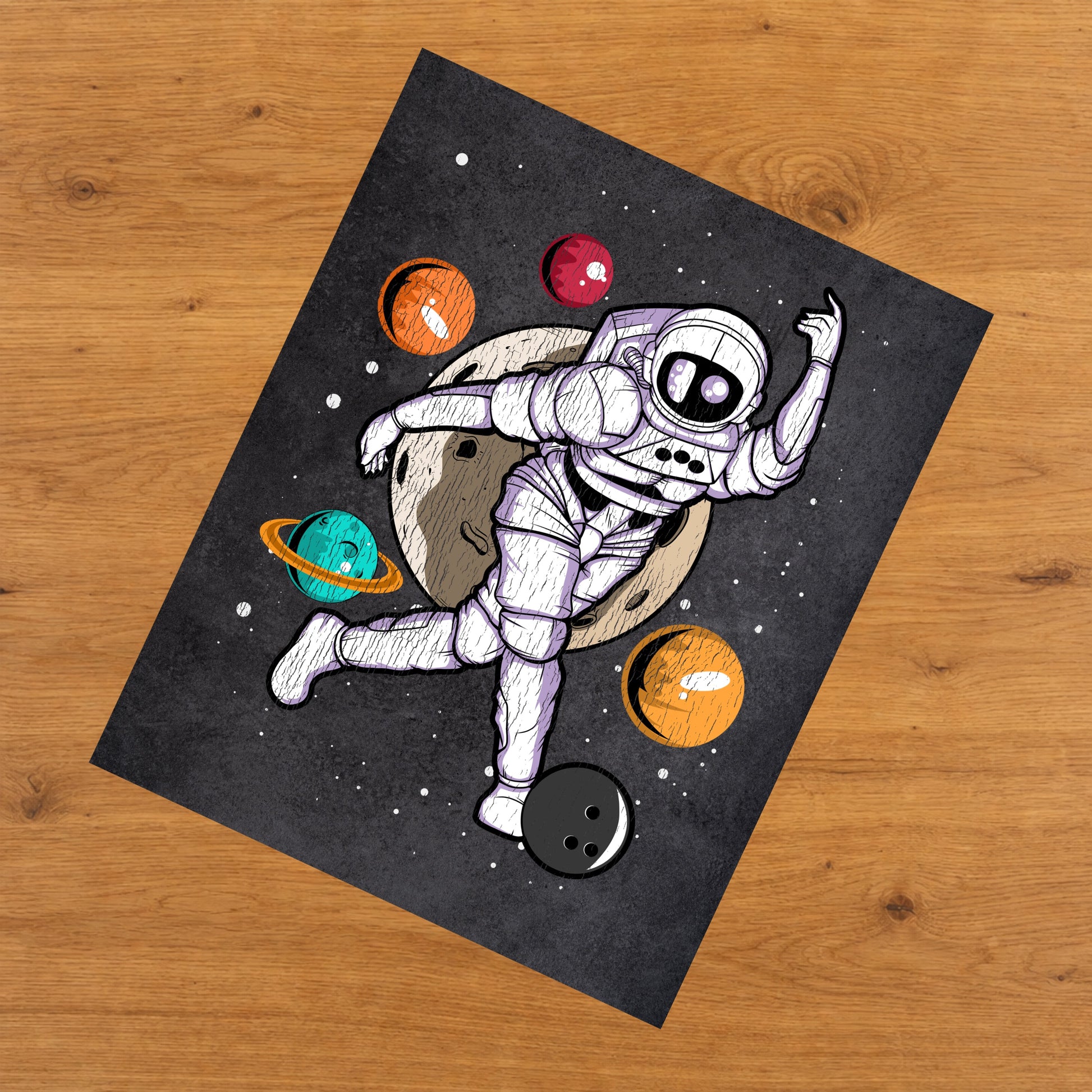 Bowling Astronaut Outer Space Spaceman Distressed 8"x10" Wall Art Print