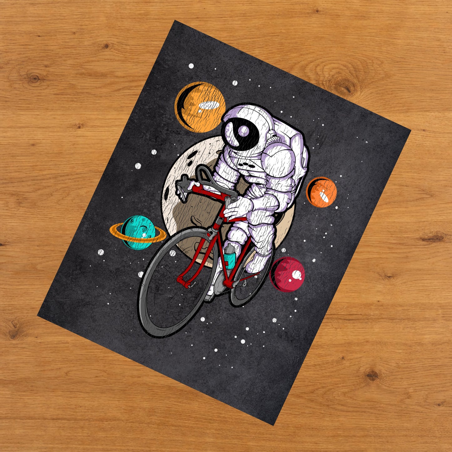 Cycling Astronaut Outer Space Spaceman Bike Distressed 8"x10" Wall Art Print
