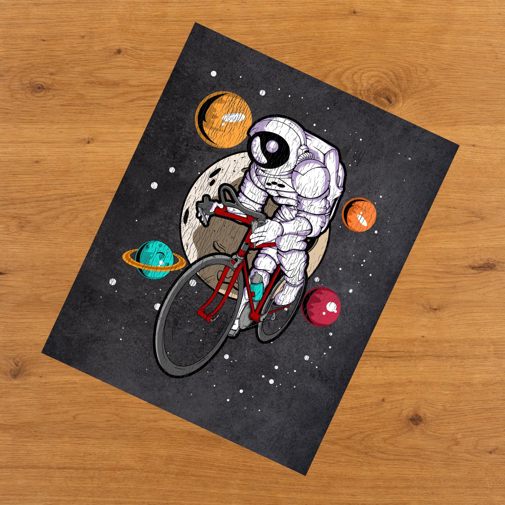 Cycling Astronaut Outer Space Spaceman Bike Distressed 8"x10" Wall Art Print