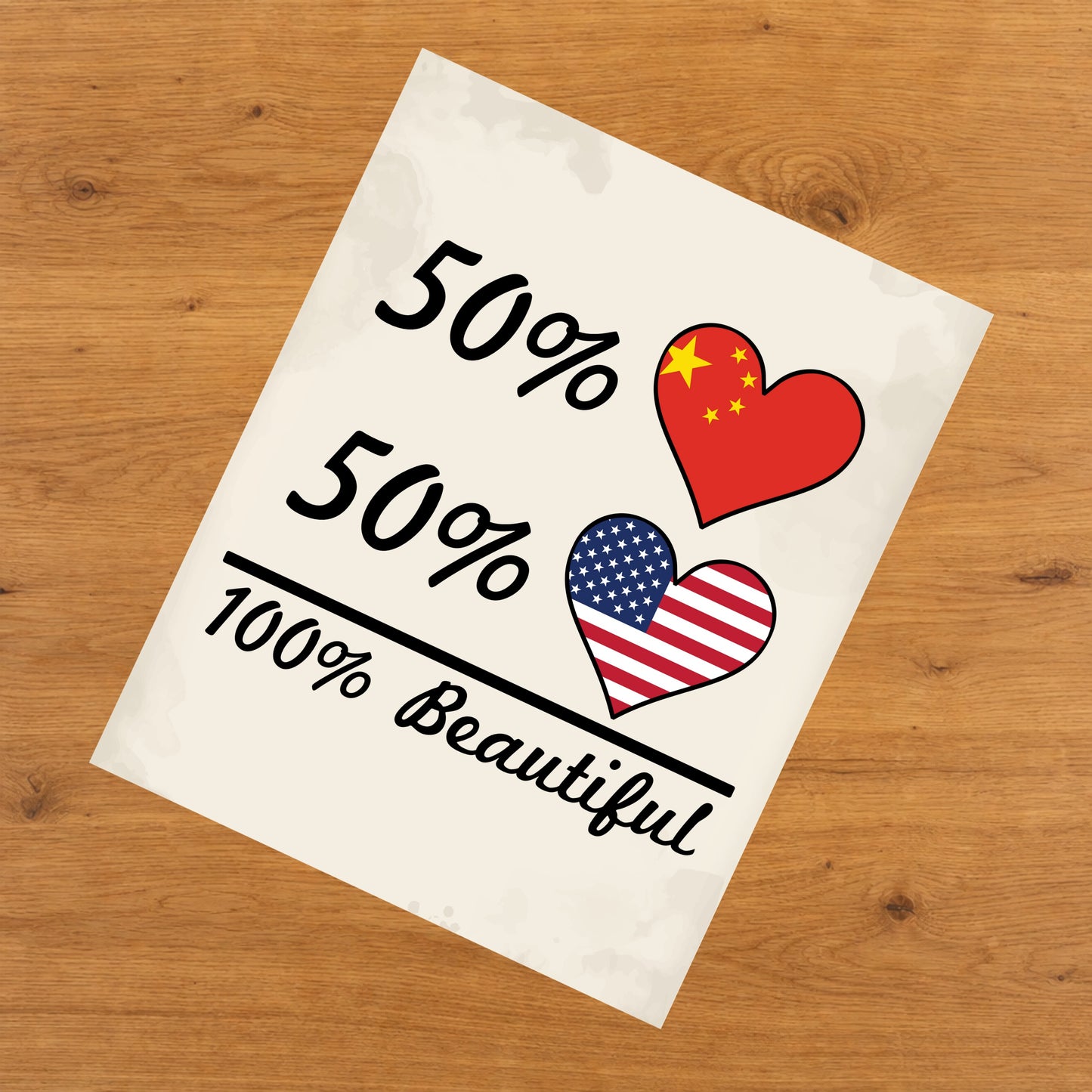 50% Chinese 50% American 100% Beautiful China Flag Heart 8"x10" Wall Art Print