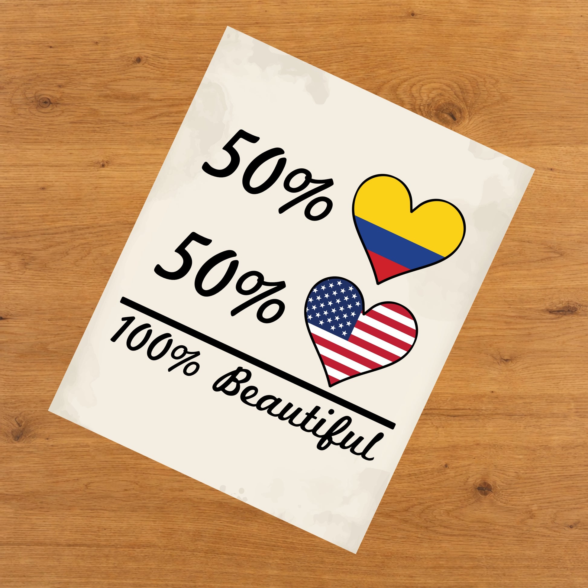 50% Colombian 50% American 100% Beautiful Colombia Flag Heart 8"x10" Wall Art Print