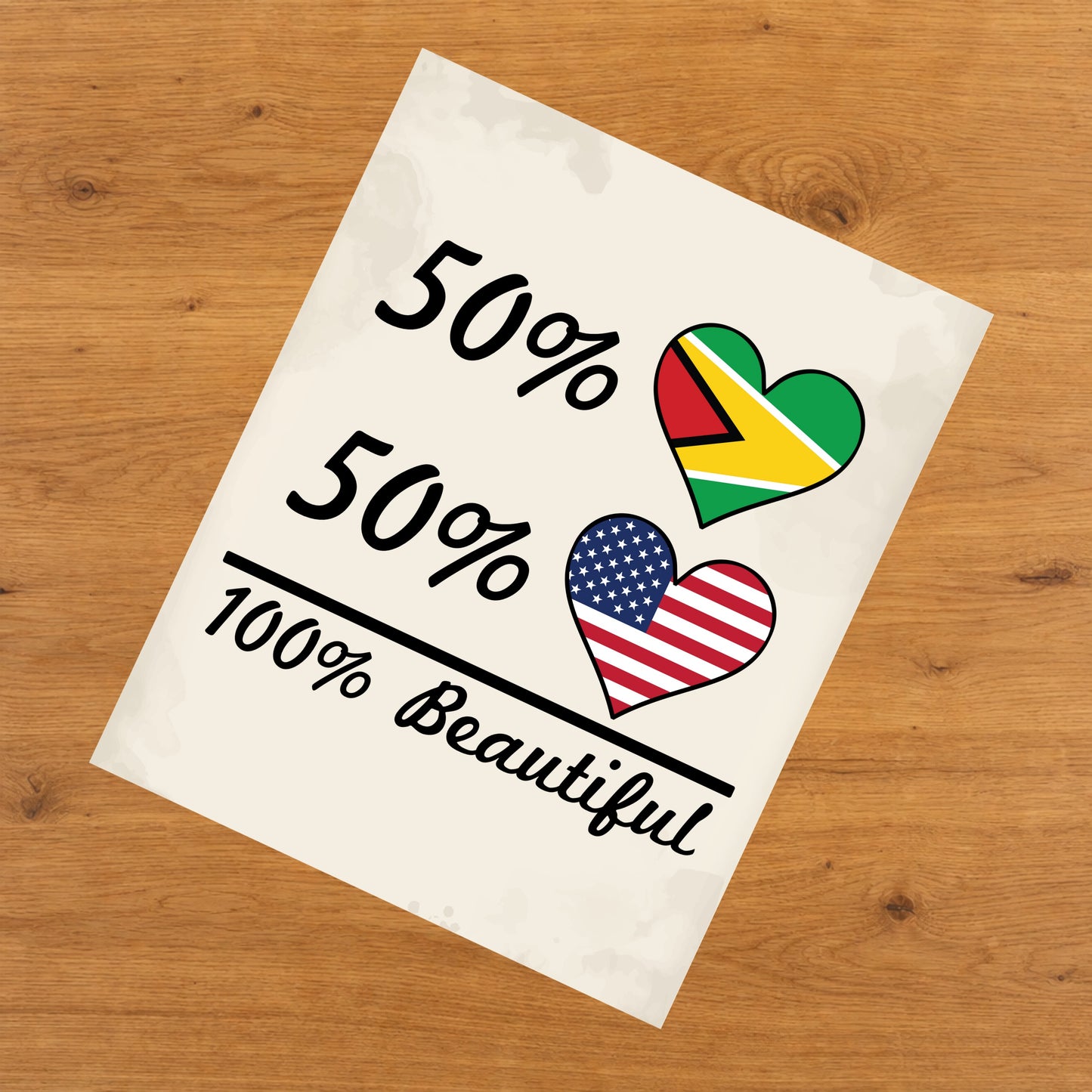 50% Guyanese 50% American 100% Beautiful Guyana Flag Heart 8"x10" Wall Art Print