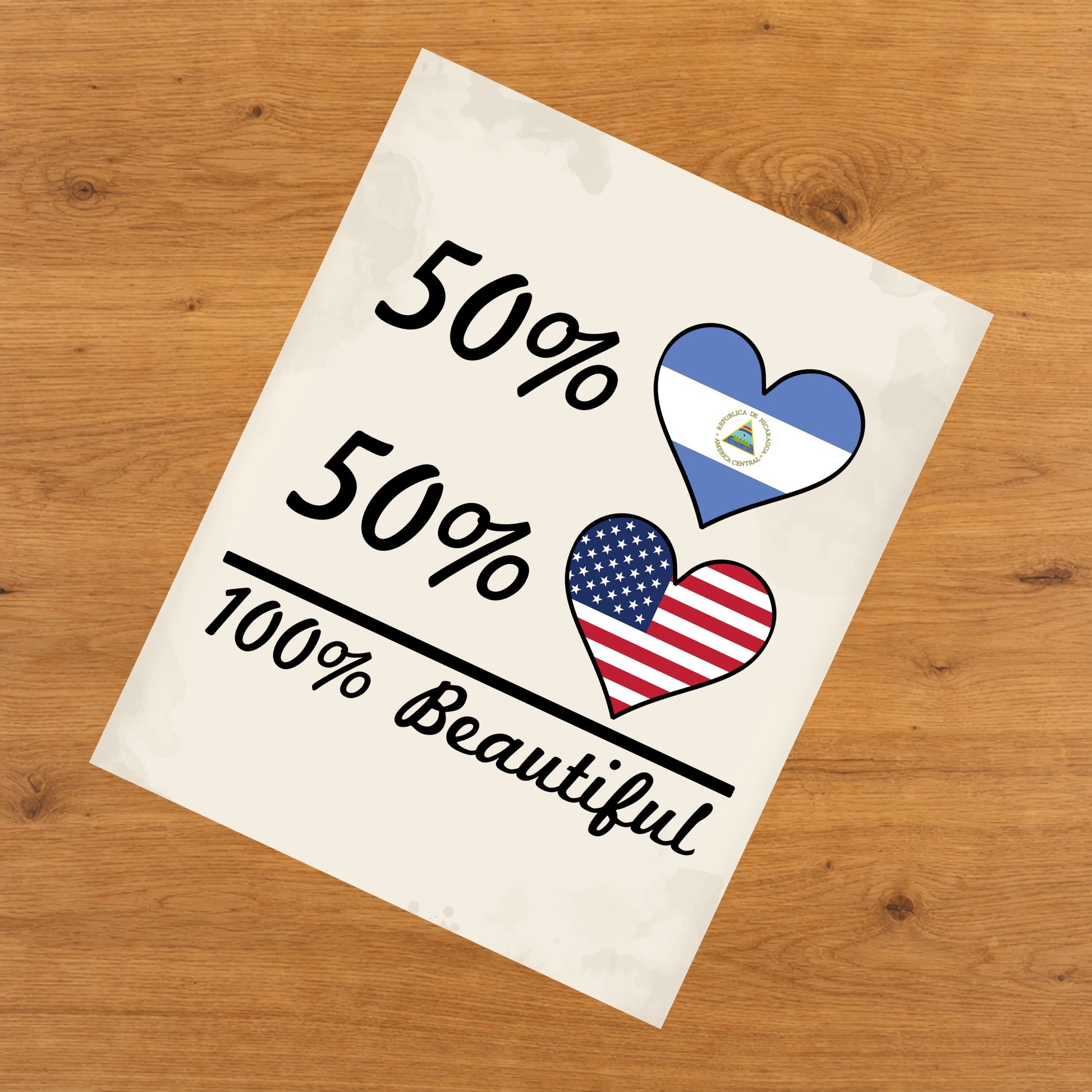 50% Nicaraguan 50% American 100% Beautiful Nicaragua Flag Heart 8"x10" Wall Art Print