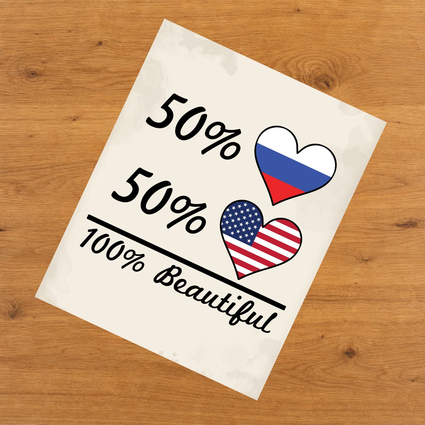 50% Russian 50% American 100% Beautiful Russia Flag Heart 8"x10" Wall Art Print