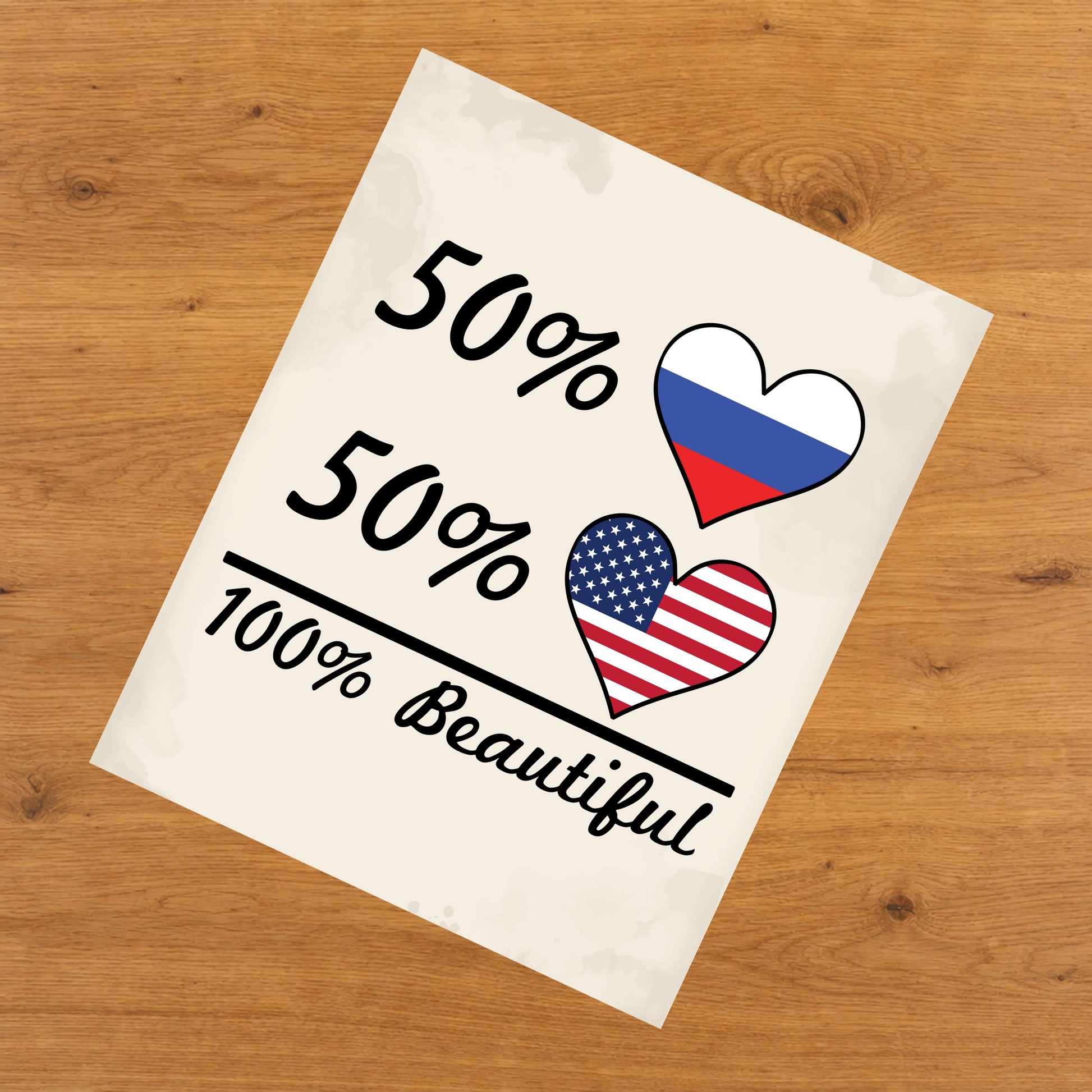 50% Russian 50% American 100% Beautiful Russia Flag Heart 8"x10" Wall Art Print