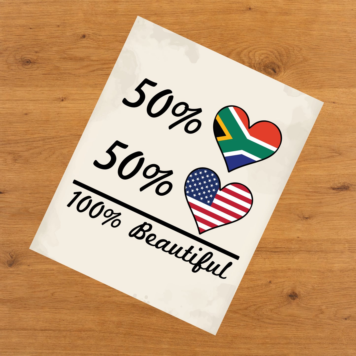 50% South African 50% American 100% Beautiful South Africa Flag Heart 8"x10" Wall Art Print