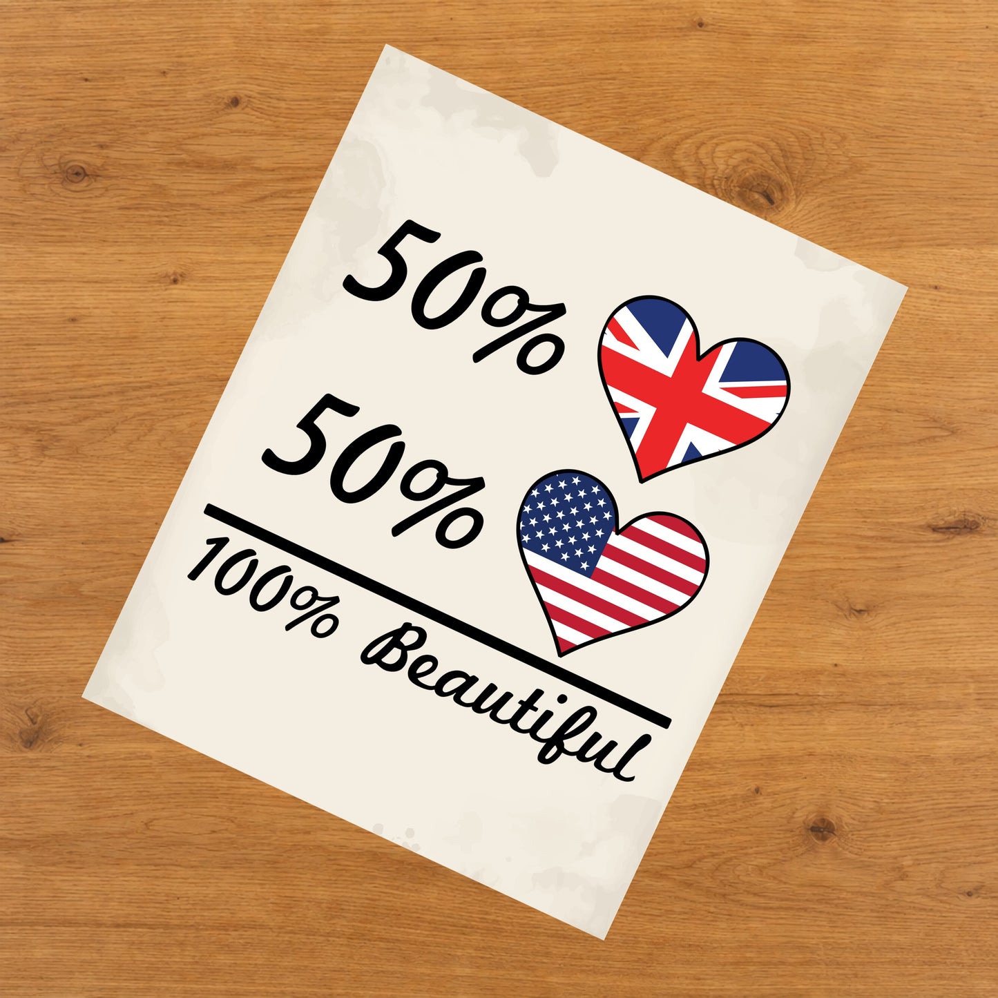 50% British 50% American 100% Beautiful United Kingdom Flag Heart 8"x10" Wall Art Print